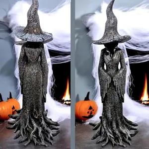 Hand-painted enchanting witch statue with wood bark texture for Halloween home decor