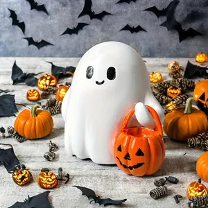 Cute white resin ghost holding a mini pumpkin basket with autumn ornaments