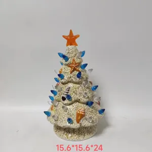 Ceramic coral texture ocean Christmas tree with starfish and blue light ornaments