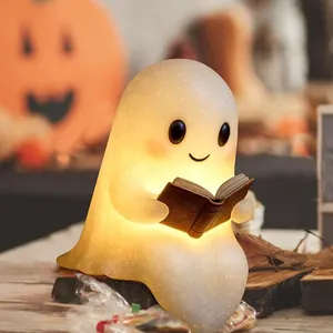 Lampe fantôme lisant mignonne avec lumière chaude et texture pailletée pour Halloween