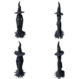 Hand-painted black witch statue in four angles with detailed tree bark resin texture