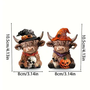 Detailed view of Halloween highland cow statues with pumpkin and skull resin figurines