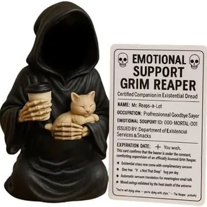 Dettaglio della statuetta Tristo Mietitore di supporto emotivo con gatto e tessera