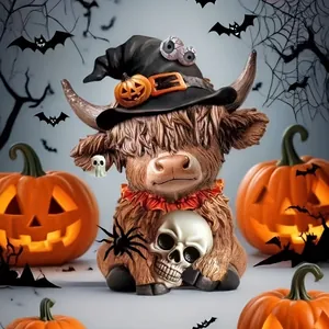 Macro detail of Halloween Highland Cow statue with witch hat, pumpkin and ghost ornaments
