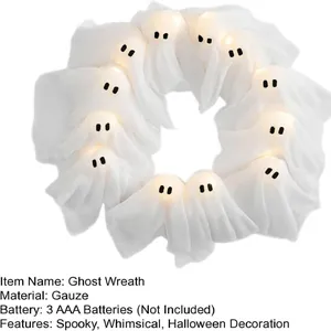 Illuminated Halloween ghost wreath with 10 LED gauze ghosts for festive wall decoration