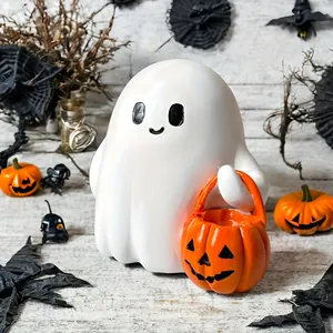 Halloween Cute Ghost Holding Pumpkin Figurine Resin Statue Desktop Night Light Home Party Decor Craft Ornament