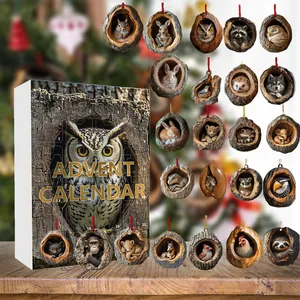 Christmas 24 Days Advent Calendar Acrylic Cartoon Forest Animals Tree Hole Hanging Ornaments For Holiday Home Decor Gift
