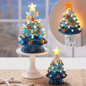Nautical Ceramic Christmas Tree Tabletop Decor Coastal Starfish LED Gradient Blue Holiday Ornament For Home Desktop Bedroom
