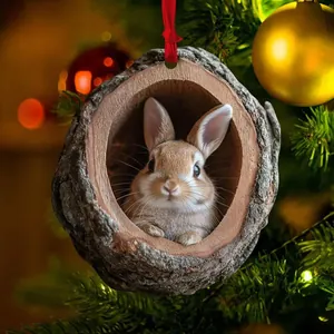 Close-up of a resin rabbit in a hollow tree ornament hanging on a Christmas tree