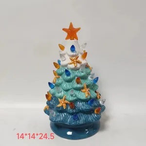 Coastal ceramic LED sea star Christmas tree in blue gradient with colorful light bulbs