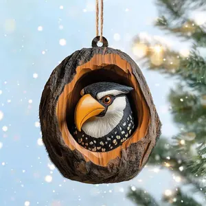 Detail of creative Christmas tree hole bird ornament with realistic bark texture