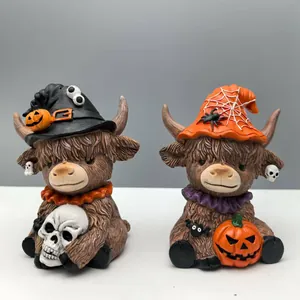 Halloween highland cow figurine set with witch hat pumpkin and skull ornaments