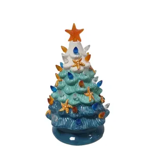 Nautical style ceramic LED Christmas tree with starfish decor and ocean blue gradients