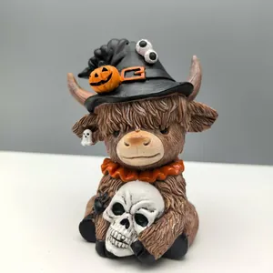 Halloween highland cow figurine with wizard hat and skull for home desktop decoration