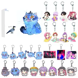 Matrix display of acrylic anime keychains with colorful character prints and metal clasps
