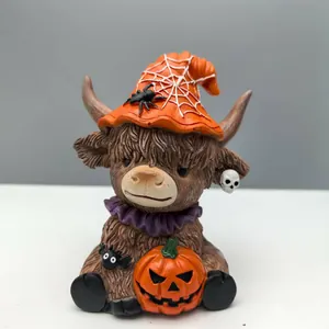 Halloween highland cow figurine with wizard hat and pumpkin for home table decoration