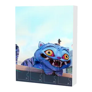 Christmas advent calendar box with blue cartoon cat illustration and 24 numbered doors