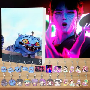 Anime advent calendar detail showing 24-day gift boxes and acrylic character pendants