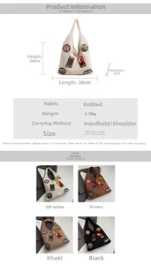 Detailed knit tote bag size chart and four color variants with retro embroidered patches