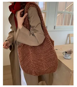Macro detail of brown knitted tote bag showing intricate V-shape texture and soft fabric