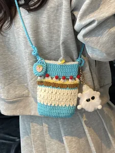 Handmade Crochet Crossbody Bag Cute Cake Design Yarn Knit Mini Shoulder Bag With Plush Toy Pendant For Women Girls