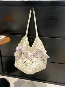 Korean Style Knit Hollow Out Crochet Tote Bag Large Capacity Women Woven Handbag Beach Vacation Shoulder Bag Tulip Pendant