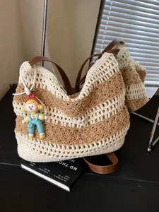 Women Casual Large Capacity Cotton Woven Straw Bag Hollow Crochet Shoulder Handbag Seaside Vacation Beach Messenger Bag With Doll