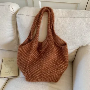 Women Knitted Stripe Tote Bag Large Capacity Soft Plush Shoulder Bag Vintage Korean Style Autumn Winter Casual Handbag