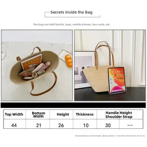 Detailed size guide for large straw tote bag with dimensions and daily items capacity
