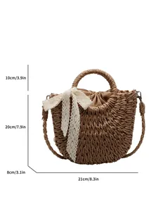 Sac de plage en paille marron avec chaîne perles, nœud dentelle et guide de tailles