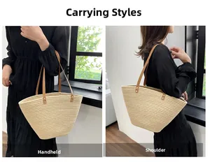 Detail showing two ways of wearing the straw tote bag with brown leather straps