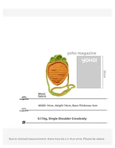 Detailed size guide for handmade crochet carrot bag with dimensions 14x18x4cm