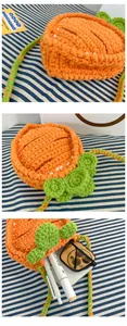 Detail showing hand-knitted carrot crossbody bag with phone and items inside