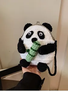 Handmade Panda Crochet Crossbody Bag Woven Woolen Yarn Mobile Phone Bag With Metal Kiss Lock Cartoon Animal Shoulder Bag For Women