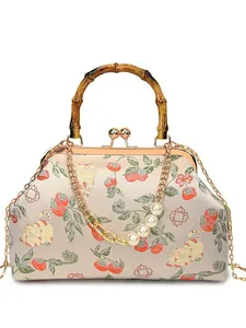 Elegante tas in Chinese stijl met bamboe handvat en patronen van katten en kaki's
