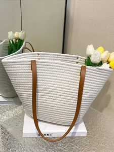 Women Large Capacity Woven Straw Tote Bag Summer Beach Vacation Single Shoulder Bag With PU Leather Straps Fashion Bag