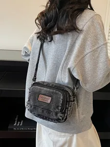 Borsa a Tracolla in Denim Lavato Vintage per Donna Moda Retro Piccola Borsa Quadrata Casual Tasche Multiple Zip Borsa per Cellulare con Etichetta in Pelle