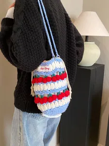 Handmade crochet cherry bucket bag with blue and white stripes for women