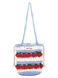Handmade crochet cherry bucket bag in blue and white with sweet 3D knit cherry charms