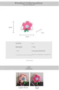 Detail view of handmade crochet flower shoulder bag showing dimensions and two color options