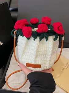 Handmade Crochet Rose Flower Bucket Bag Women Woven Yarn Crossbody Bag PU Leather Strap Floral 3D Decoration Sweet Daily Shoulder Bag