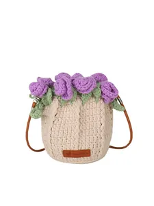 Handmade woven rose bucket bag with beige textures and purple floral accents