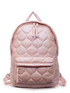 Pink quilted down puffer backpack with diamond patterns for women and students