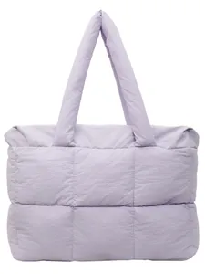 Minimalist light purple quilted puffer tote bag with padded handles for women