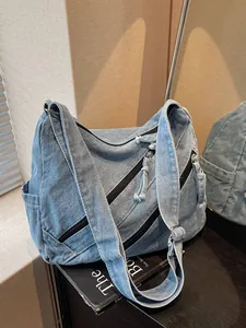 Women Large Capacity Denim Tote Bag Vintage Washed Multi Zipper Shoulder Crossbody Bag Casual Commute Messenger Bag For School