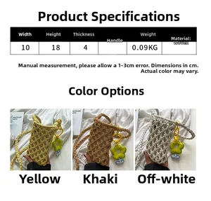 Detailed size chart showing 10x18x4cm for woven mini crossbody phone bag with floral charm