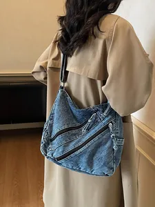 Large capacity vintage blue denim tote bag with multiple pockets for daily commuting