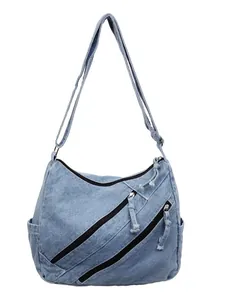 Large capacity denim tote bag in light blue with adjustable strap and zip pockets