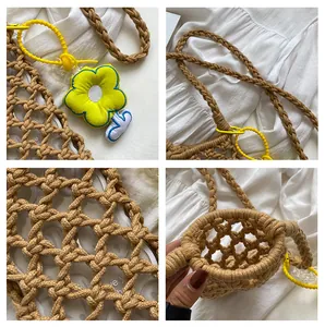 Close-up of brown woven mini beach bag featuring hollow mesh and yellow flower charm