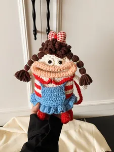 Handmade Crochet Doll Crossbody Bag Knitted Wool Cartoon Character Striped Soft Shoulder Bag For Women Girls Cute Accessory